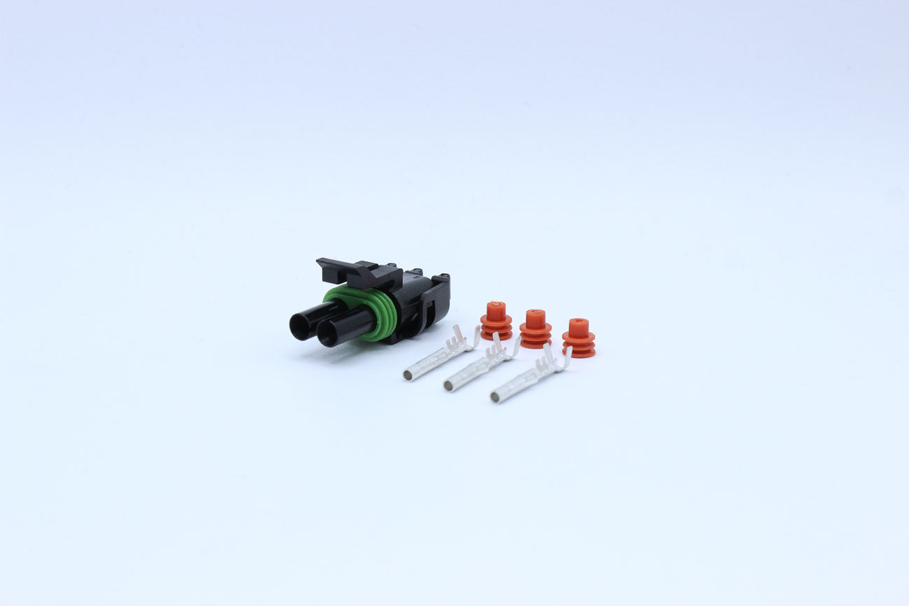 Delphi Female Weather pack Black - Part Number 12015792 in Style: Flying Lead. Delphi Weather pack in Black. The OEM Part Number for this part is 12015792. These connectors are typically found in OEM applications and are available as a connector only or a