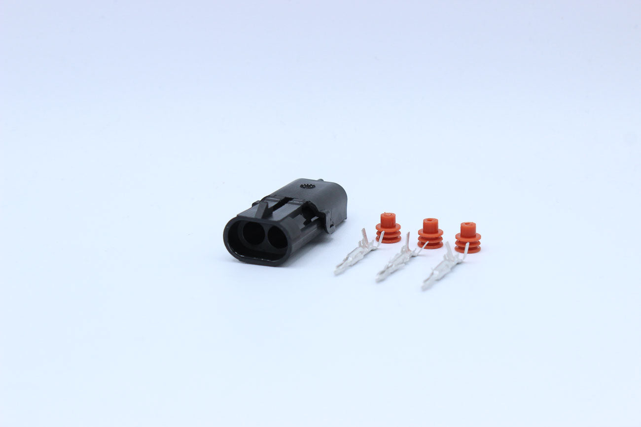 Delphi Male Weather pack Black - Part Number 12010973 in Style: Connector Only. Delphi Weather pack in Black. The OEM Part Number for this part is 12010973. These connectors are typically found in OEM applications and are available as a connector only or