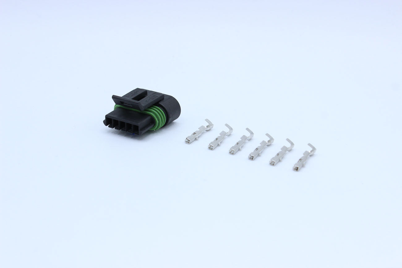 Delphi Female Metri-pack 150 Black - 5 Terminal in Style: Connector Only. Delphi Metri-pack 150 in Black. These connectors are typically found in OEM applications and are available as a connector only or as a flying lead. An extra terminal is included wit