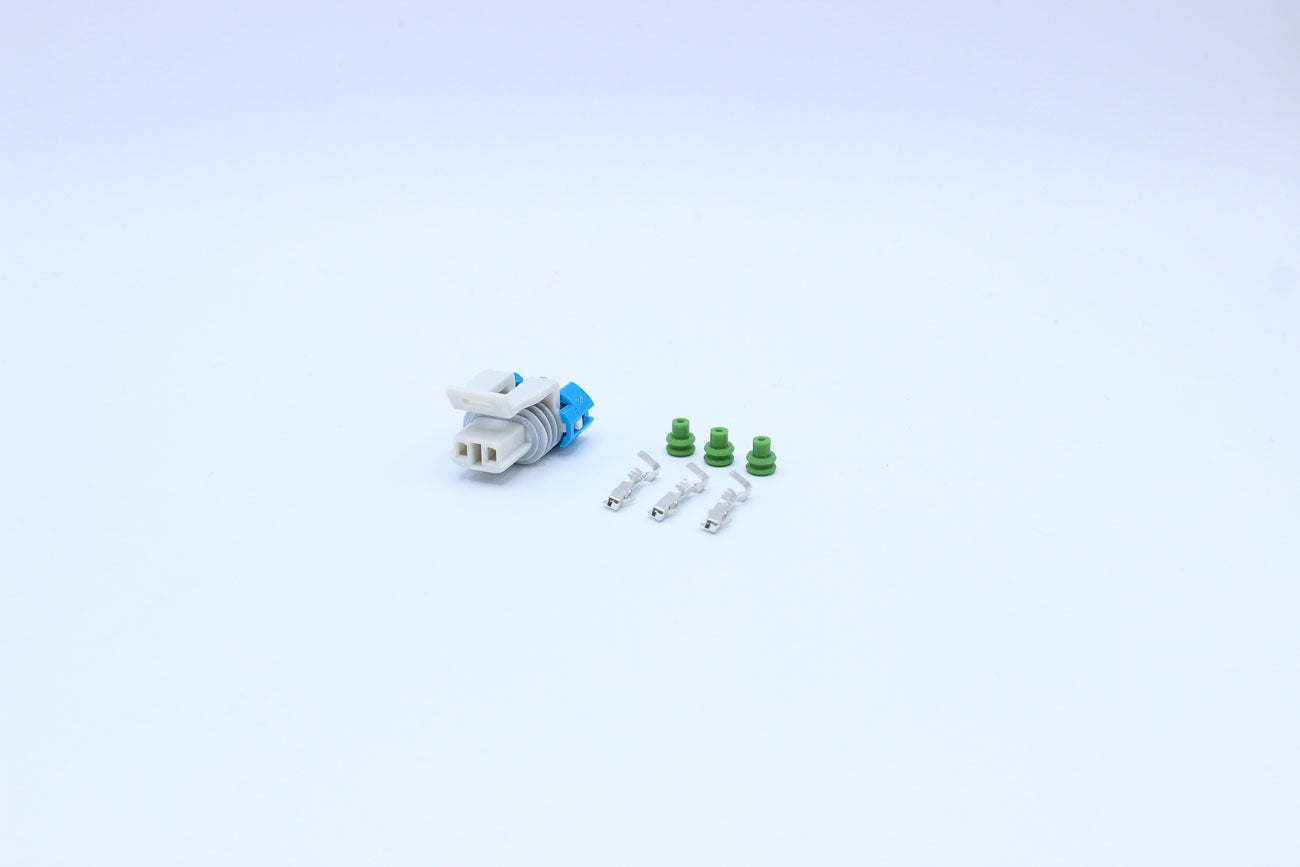 Delphi Female Metri-pack 150 Light Gray Code 1 - 2 Terminal in Style: Flying Lead. Delphi Metri-pack 150 in Light Gray. These connectors are typically found in OEM applications and are available as a connector only or as a flying lead. An extra terminal i