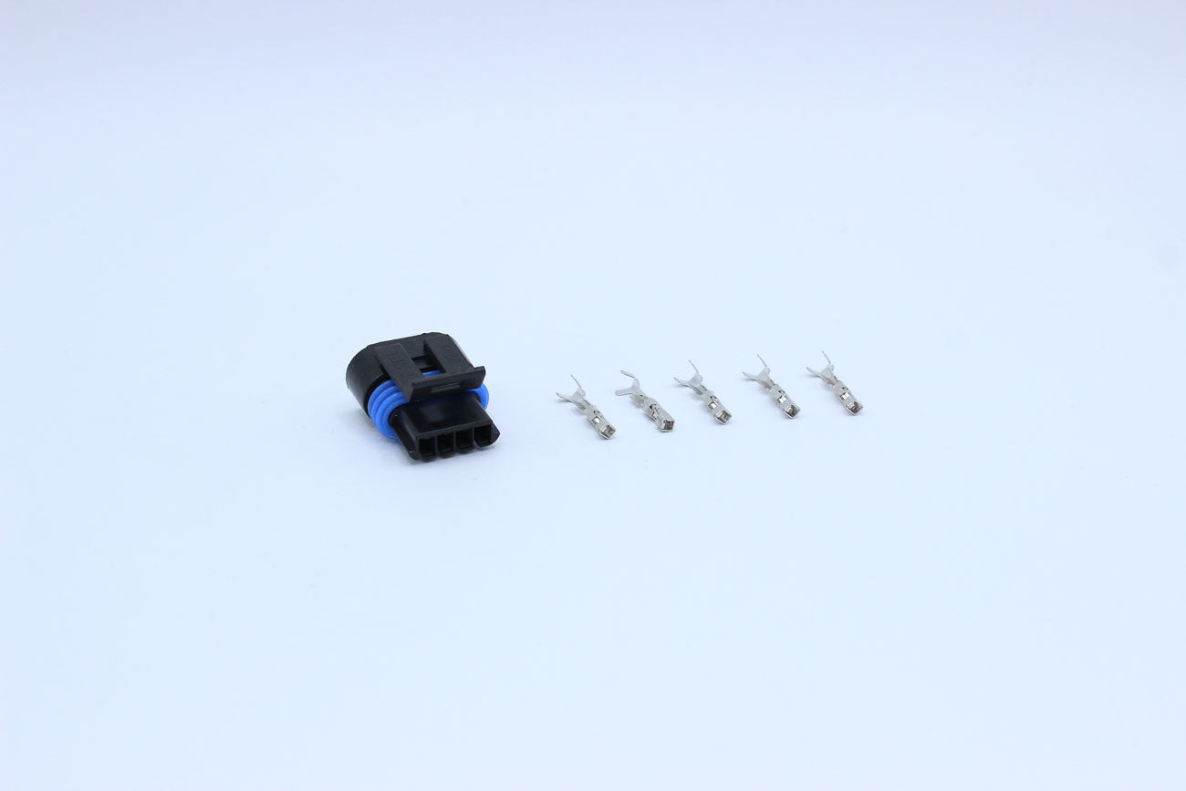 Delphi Female Metri-pack 150 PTS Black - 4 Terminal in Style: Flying Lead. Delphi Metri-pack 150 PTS in Black. These connectors are typically found in OEM applications and are available as a connector only or as a flying lead. An extra terminal is include