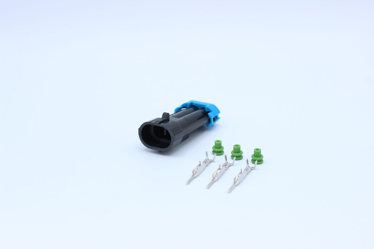 Delphi Male Metri-pack 150 Black Code 2 - 2 Terminal in Style: Flying Lead. Delphi Metri-pack 150 in Black. These connectors are typically found in OEM applications and are available as a connector only or as a flying lead. An extra terminal is included w