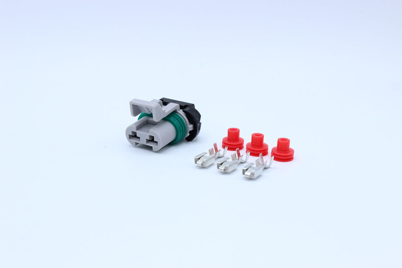 Delphi Female Metri-pack 630 Light Gray - 2 Terminal in Style: Connector Only. Delphi Metri-pack 630 in Light Gray. These connectors are typically found in OEM applications and are available as a connector only or as a flying lead. An extra terminal is in