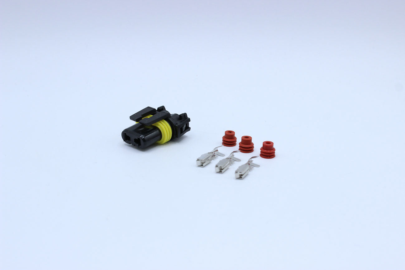 Delphi Female Metri-pack 280 Black type 2 - 2 Terminal in Style: Flying Lead. Delphi Metri-pack 280 in Black. These connectors are typically found in OEM applications and are available as a connector only or as a flying lead. An extra terminal is included