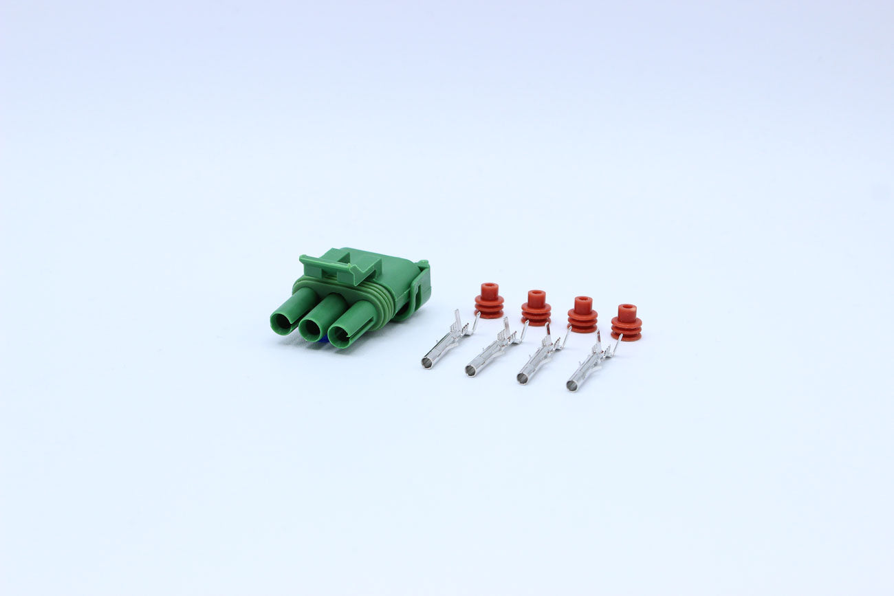 Delphi Female Weather pack Green - 3 Terminal in Style: Flying Lead. Delphi Weather pack in Green. These connectors are typically found in OEM applications and are available as a connector only or as a flying lead. An extra terminal is included with every