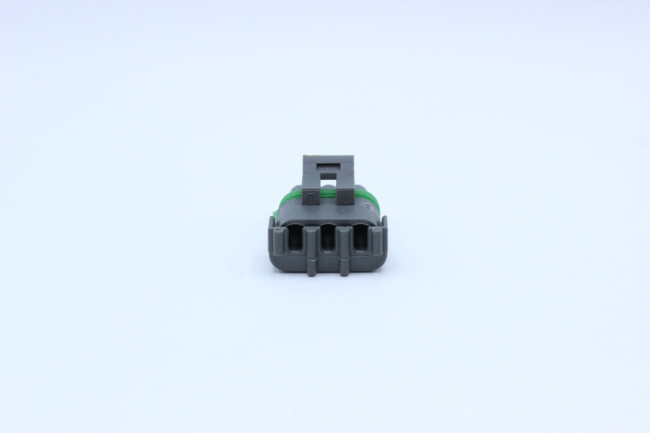 Delphi Female Weather pack Grey - 3 Terminal in Style: Connector Only. Delphi Weather pack in Grey. These connectors are typically found in OEM applications and are available as a connector only or as a flying lead. An extra terminal is included with ever