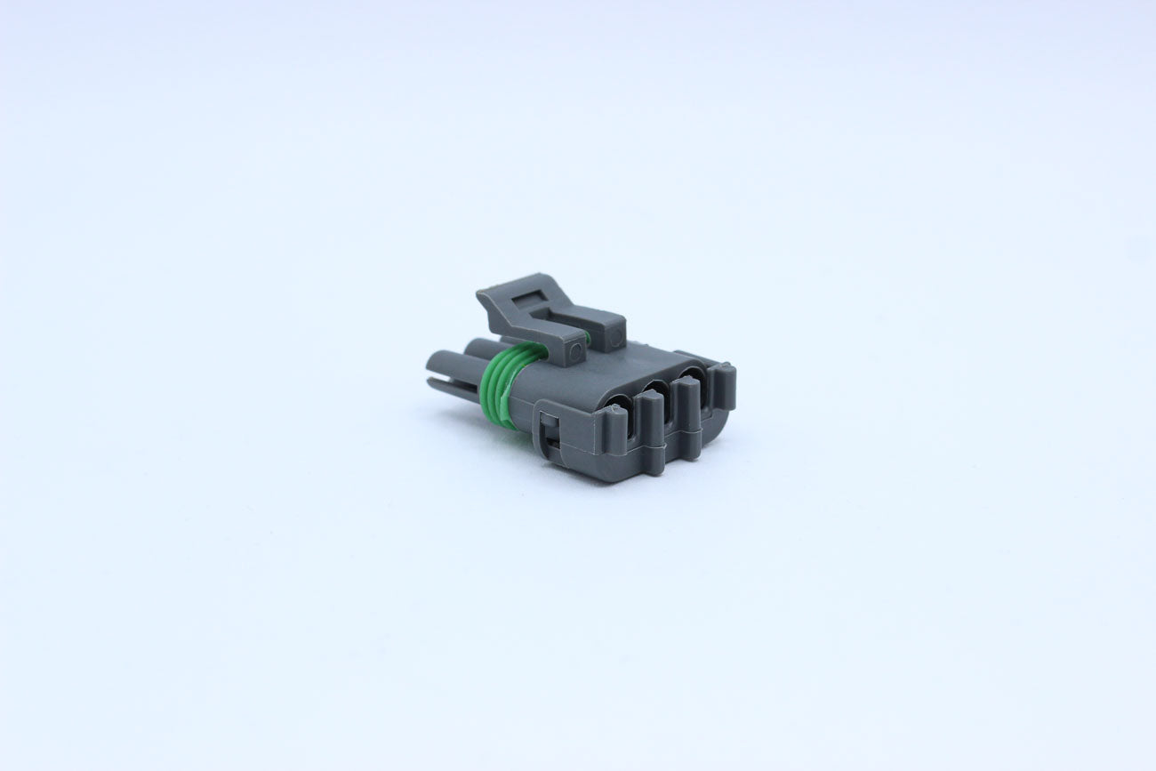 Delphi Female Weather pack Grey - 3 Terminal in Style: Connector Only. Delphi Weather pack in Grey. These connectors are typically found in OEM applications and are available as a connector only or as a flying lead. An extra terminal is included with ever