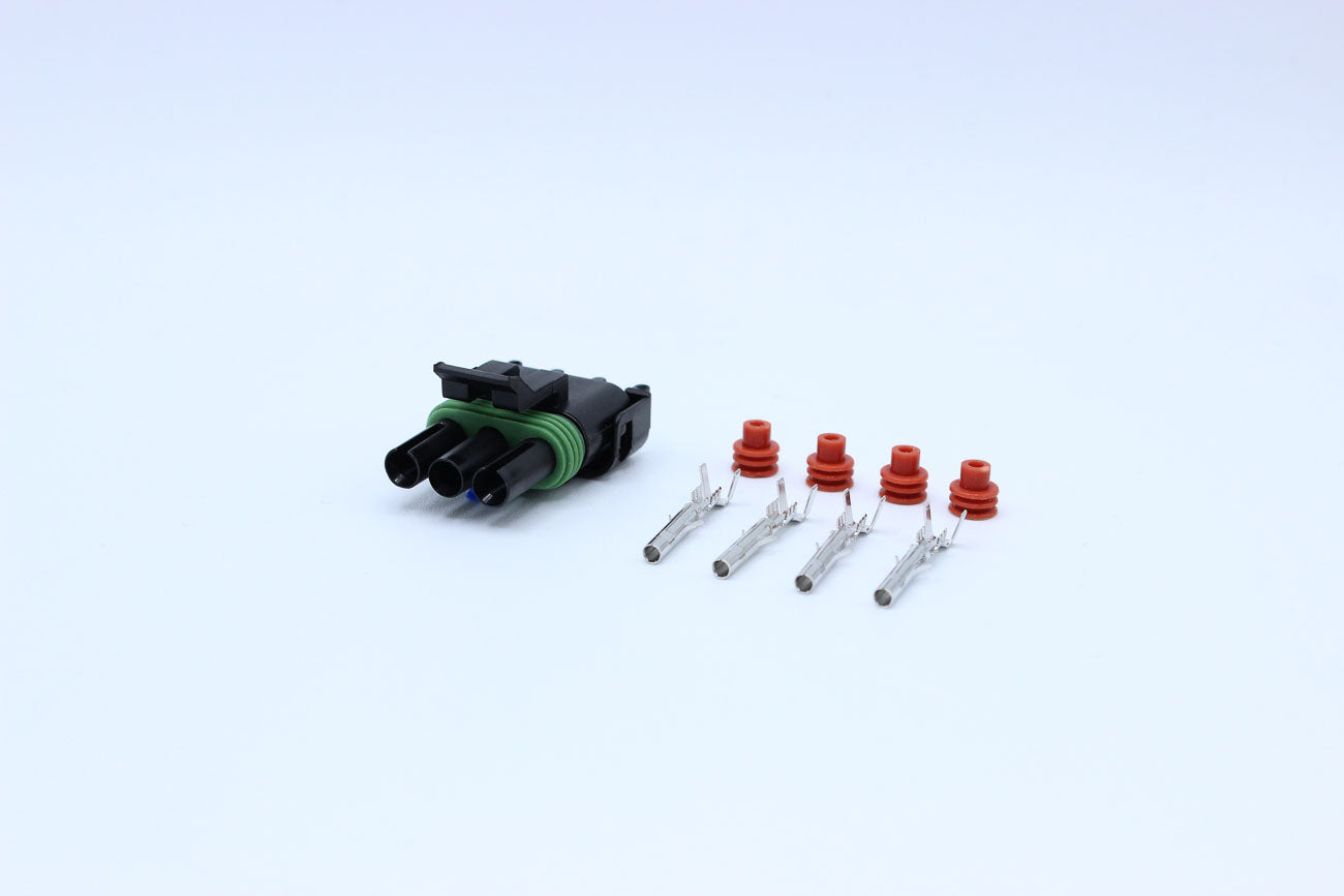 Delphi Female Weather pack Black - 3 Terminal in Style: Connector Only. Delphi Weather pack in Black. These connectors are typically found in OEM applications and are available as a connector only or as a flying lead. An extra terminal is included with ev