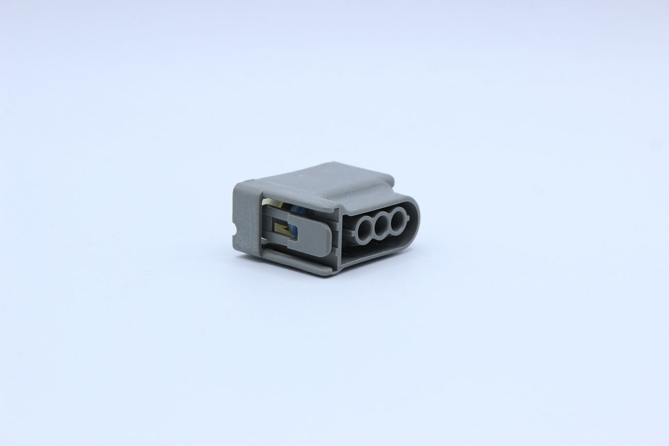 Delphi Female Grey Horizontal lock tab layout - 3 Terminal in Style: Connector Only. Delphi in Grey. These connectors are typically found in OEM applications and are available as a connector only or as a flying lead. An extra terminal is included with eve