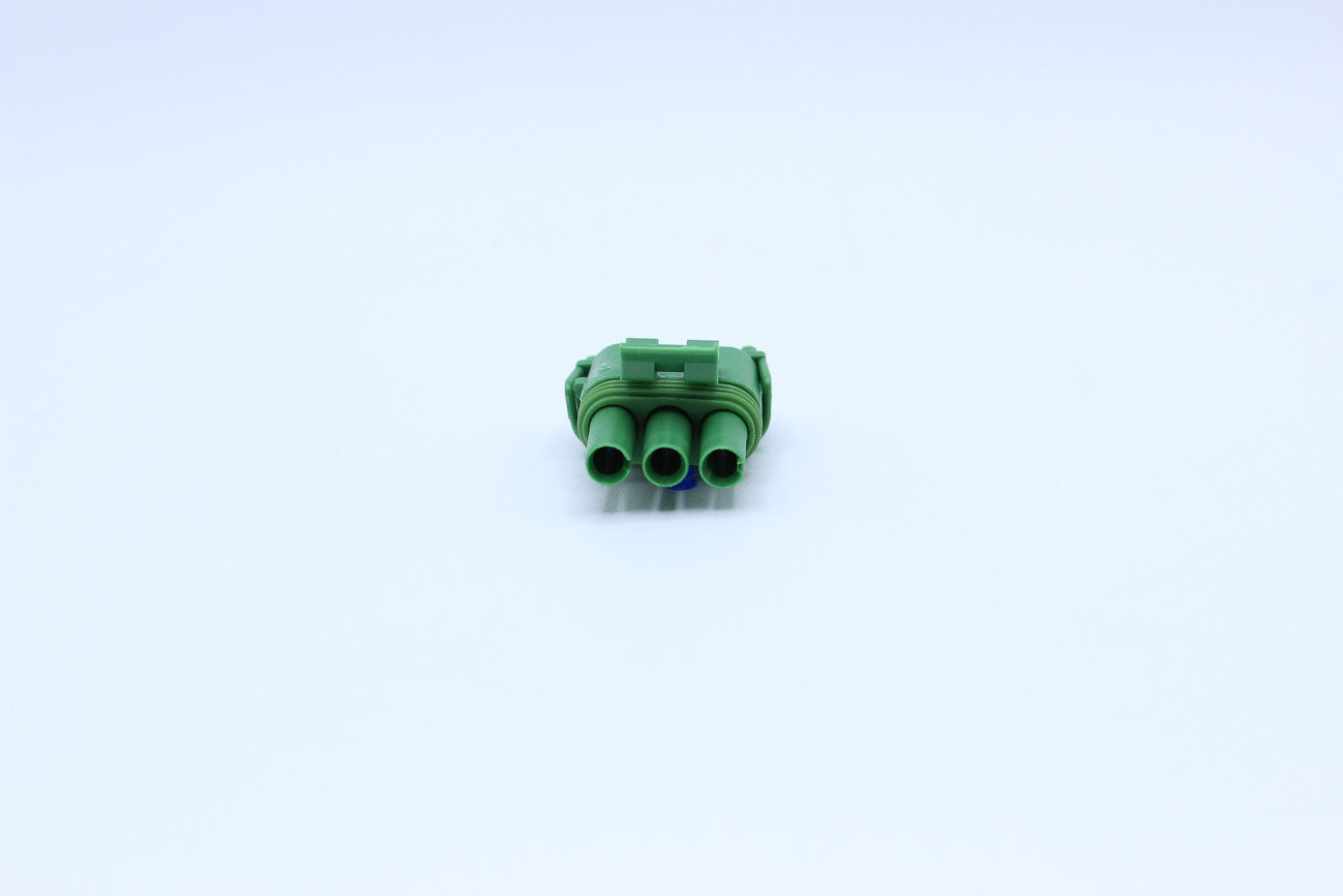 Delphi Female Weather pack Green - 3 Terminal in Style: Flying Lead. Delphi Weather pack in Green. These connectors are typically found in OEM applications and are available as a connector only or as a flying lead. An extra terminal is included with every