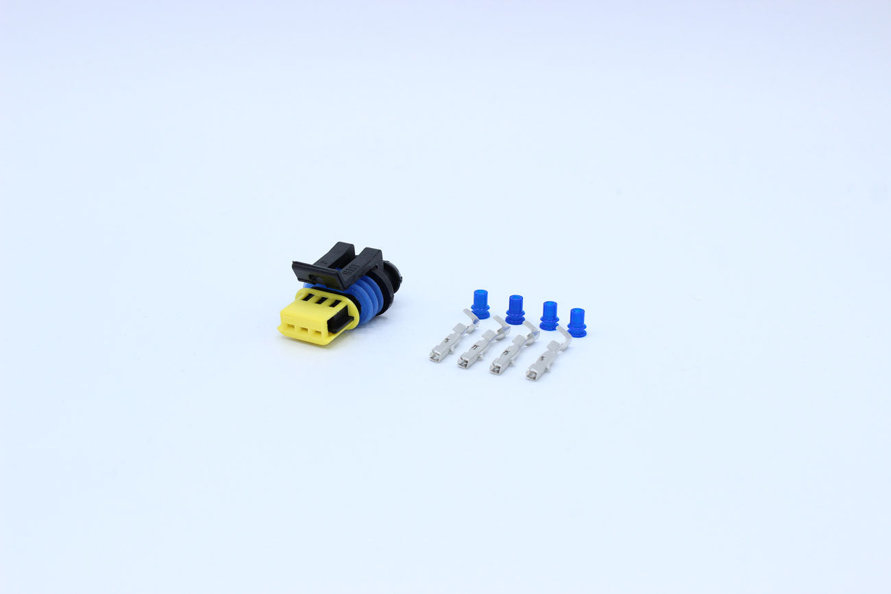 Delphi Female GT150 Yellow - 3 Terminal in Style: Flying Lead. Delphi GT150 in Yellow. These connectors are typically found in OEM applications and are available as a connector only or as a flying lead. An extra terminal is included with every connector,