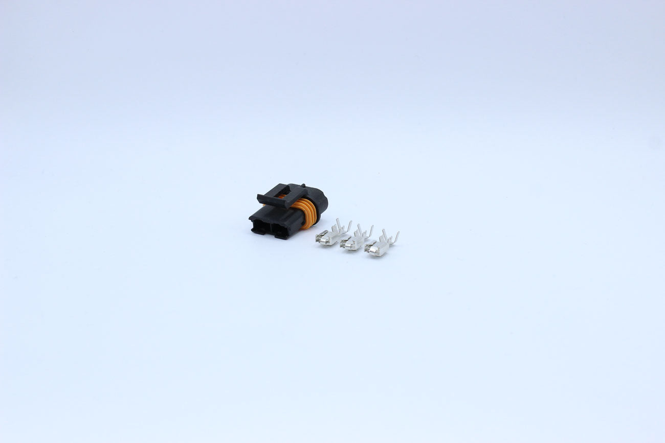 Delphi Female Metri-pack 630 Black type 2 - 2 Terminal in Style: Flying Lead. Delphi Metri-pack 630 in Black. These connectors are typically found in OEM applications and are available as a connector only or as a flying lead. An extra terminal is included